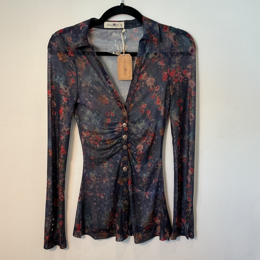 Natural Life Mesh Top Blue Floral Sheer Ruched Button Front XS